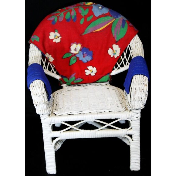 Vtg Wicker Baby Doll Bear Display Patio Chair Plant Stand Fabric Cover - Picture 1 of 9